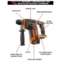 Hot Sale 👍 Power Multi Tools RIDGID 18-Volt OCTANE Brushless 1 In. SDS-Plus Rotary 🔨 Hammer With 18-Volt 2.0 Ah Lithium-Ion Battery And Charger Kit 🔥 -metalworking-tools Sales Store unnamed file 1123